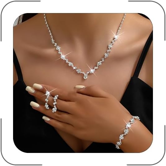 Prom Jewelry Sets Silver Bride Jewelry Set for Wedding Bridesmaid Accessories Necklace Earrings Bracelet Set Elegant Crystal Wedding Prom Jewelry for Women