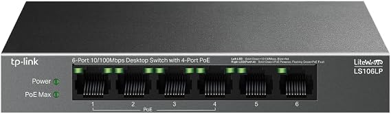TP-Link LS106LP | 6-Port 10/100Mbps PoE Switch | 4-Port PoE, 41W Power Budget, 250m Transmission | Plug and Play, Silent Metal Case | IP Camera and AP