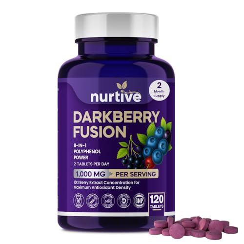 Darkberry Fusion Tablets 1000 mg 120 Tablets 2 Tablets Per Day, 2-Month Supply 8-Berry Blend with Maqui, Haskap, Aronia, Blueberry, Tart Cherry, Blackcurrant, Acai & Elderberry