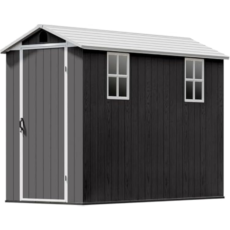 Patiowell 4 x 8 FT Plastic Outdoor Storage Shed with Floor, Resin Outside Tool Shed with Two Windows and Lockable Door for Garden, Backyard, Tool Storage Use, Easy to Install, Light GreyFit-it Shed
