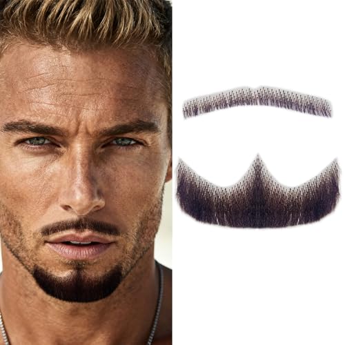 Fake Beard Goatee Mustache Realistic 100% Full Hand Tied Facial Hair, False Beards Lace Invisible Goatee Beards Halloween Dressing Men Makeup Entertainment Drama Party Movie Prop C-Black Brown