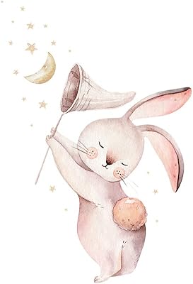 17.3 in x 25.6 in Cute Cartoon Rabbit Watercolor Bunny Catching Moon Stars Balloon Removable Vinyl Wall Decals Stickers for Children Room Nursery Decoration Baby Boy Girl Bedroom