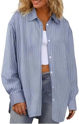 Damipow Striped Button Down Shirt Women Dress Shirts Long Sleeve Cotton Oversized Shirts for Women Work Blouses