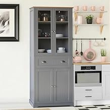 VEIKOU Kitchen Pantry Cabinets, 72" Freestanding Kitchen Pantry Storage Cabinet with Large Drawer, Traditional Tall Pantry Cabinet Cupboard with Glass Doors & Adjustable Shelves, Grey