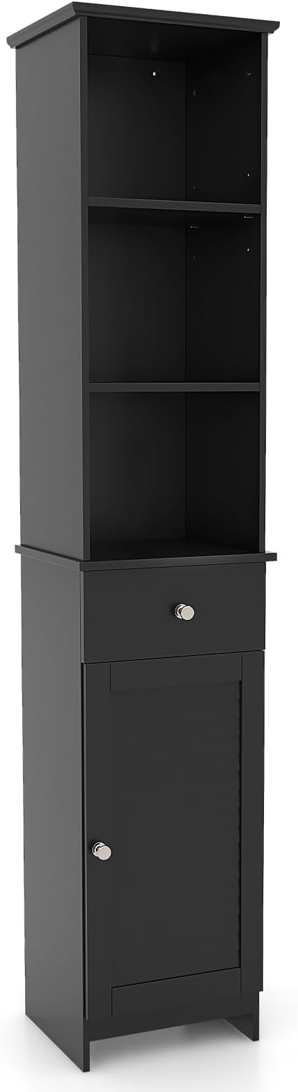 COSTWAY Bathroom Tall Cabinet, Freestanding Slim Storage Cupboard with Adjustable Shelves, Drawer and Door, Wooden High Narrow Bathroom Floor Cabinet Unit for Living Room Kitchen Hallway (Black)