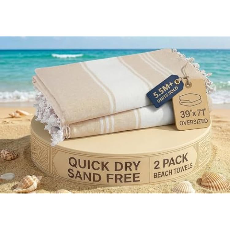 LANE LINEN Oversized Beach Towels, 2 Pack Turkish Towel Set for Adults, Lightweight, Quick Dry, Absorbent & Sand Proof, 39x71 Pool Towels Beige
