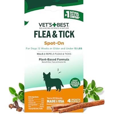 Vets Best Natural Flea and Tick Drops for Small Dogs, Plant-Based Spot-On Treatment with Certified Essential Oils, Topical Flea and Tick Prevention and Control, Natural Pest Care, 4 Month Supply