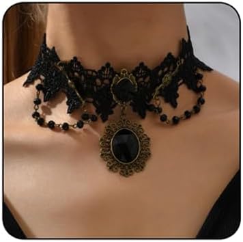 Gothic Black Lace Choker Necklace for Women Goth Crystal Pendant Tassels Necklace Vintage Victoria Vampire Choker Necklace Mysterious Witch Halloween Wedding Jewelry