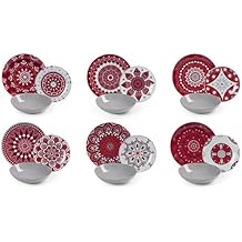 Excelsa Mandala Red Dinner Service, 18 Pieces, Porcelain and Ceramic, Multi-Colour