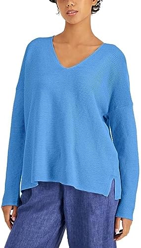 Eileen Fisher Organic Linen Cotton V Neck Top Coast M