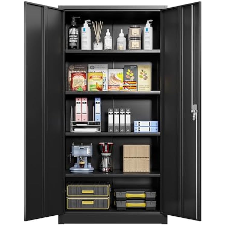 Metal Garage Storage Cabinet with Lock,71 Black Lockable Tool Cabinet with Doors and 4 Adjustable Shelves,Tall Cabinet for Garage Storage Systems Home Office Warehouse,Gym