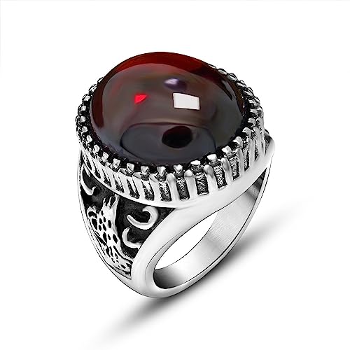 Vintage Red Agate Stone Ring 925 Sterling Silver Oval Cut Red Onxy Ring Turkish Handmade Natural Stone Ring Retro Luxury Ruby Ring Jewelry Gift for Men 8