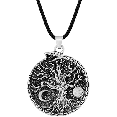 HAQUIL Viking Necklace, Sun Crescent Moon Yggdrasil Ouroboros Jormungandr Midgard Serpent Pendant, Faux Leather Cord, Viking Jewelry Gift