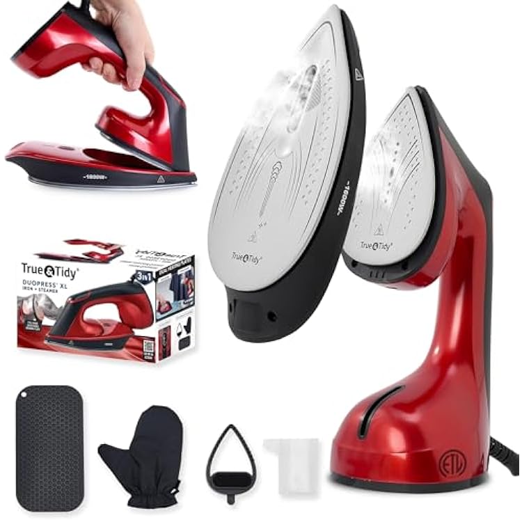 True & Tidy DuoPress XL 2-in-1 Clothes Steamer & Iron, 1600W Powerful Turbo Steam, Large Ceramic Plate, Smart Temperature Control, 3 Steam Modes