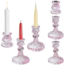 Glass Candlestick Holders Set of 6, Taper Candle Holder for Wedding Festival Christmas Party Valentine's Decor, Table Centerpieces (Pink)