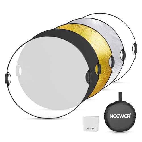 NEEWER 3280cm Light Reflector, 5 in 1 Foldable Multi Disc Photography Light Diffuser TranslucentSilverGoldWhiteBlack with ClampGrips, 38 ThreadCleaning Cloth for Outdoor Lighting, RF-80II