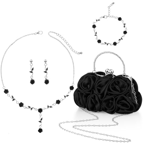 Hicarer 5 Pcs Women Rose Clutch Purse Rose Jewelry Set Evening Handbag Gold Necklace Earring Bracelet for Wedding Gifts