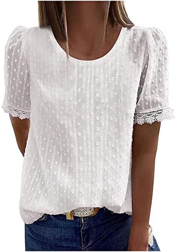 Tunic Tshirt Dress Women Trendy Lace Round Neck Solid Color Fashion Blouses Short Sleeve Summer Soft 2025 Shirt Tops