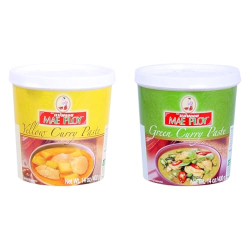Mae Ploy Thai Curry Paste Bundle - Yellow and Green Curry Paste for Restaurant-Quality Thai Dishes 14oz Tubs
