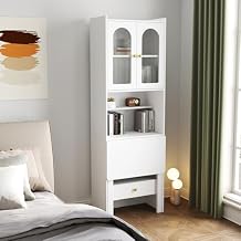 JOYSOURCE 71'' Bedside Table Tall Freestanding Bookshelf with Convertible Desk Hutch Cabinet with Reeded Glass Doors Drawer Nightstand End Table for Living Room Walnut