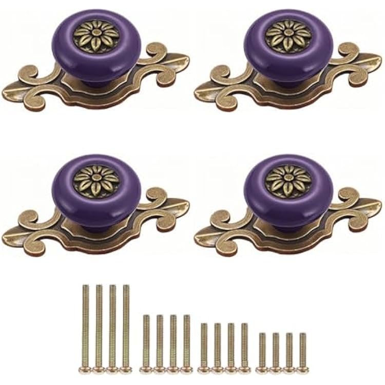 Drawer Knobs Vintage Retro Ceramic Cabinet Knobs Dresser Cupboard Wardrobe Pull Handles Door Knobs Kitchen Furniture Knobs with Screws, 4 Pack Purple-Bronze