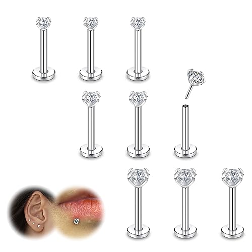 ZS 9Pcs 16G18G20G Threadless Push in Lip Labret Nose Studs, Stainless Steel Piercing Jewelry for Conch Medusa Piercing, CZ Forward Helix Tragus Earring for Women Men