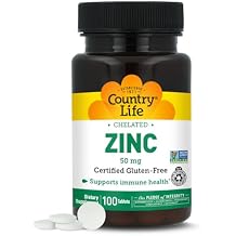 Country Life Chelated Zinc 50 mg - Certified Gluten-Free & Vegan Immune Support Supplement, Enhances Zinc Absorption, Supports Bodys Protein Production & Cellular Health, 100 Vegetarian Tablets