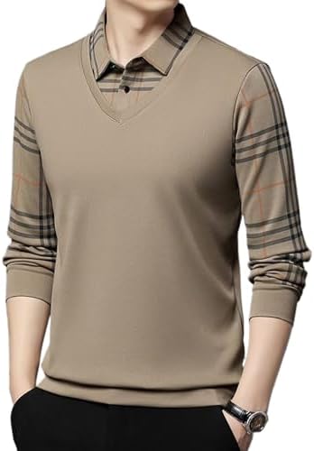 Mens Faux Two Piece Lapel Long-Sleeve Tops, Mens Lapel Faux Two-Piece Warm Top, Fake Two Piece Shirt