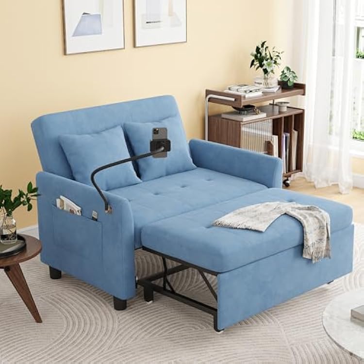 3 in 1 Convertible Pull Out Sleeper Couch Sofa Bed, Small Loveseat Futon Bed, 46 Velvet Love Seat with Pillow and Phone Holder for Living Room, Blue