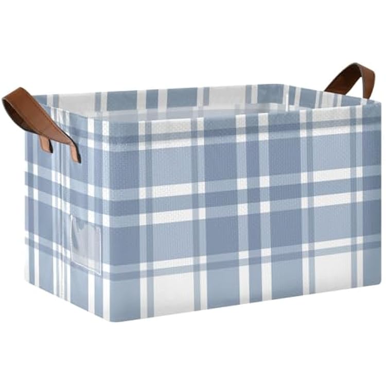 Light Blue Plaid Tartan Fabric Organizer Baskets,Collapsible Closet Organizers for Clothes, Linen Clothes Bins