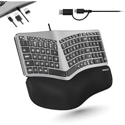 Macally Wired Ergonomic Keyboard for Mac - USB Hub, Backlit Keys, Dual USB C  A Plug, Split Design, Padded Wrist Cushion - Compatible Apple Keyboard for MacBook ProAir, iMac, iPad - Space Gray