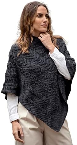 Aran Crafts Womens Irish Soft Cable Knitted Poncho Cape 100% Merino Wool