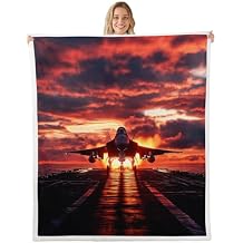 Aircraft Runway Bed Blanket,3D Airplane Flannel Blanket for Room Decor,Sunset Clouds Fleece Blanket for Kids,Super Soft Blankets,Throw 50"x60"