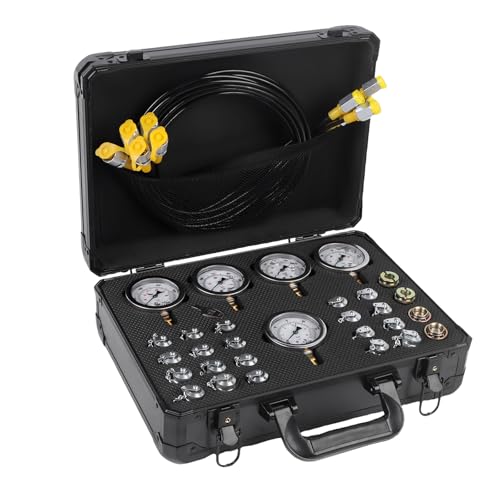 Hydraulic Pressure Test Kit with 5 Gauges 15015004000600010000 Psi, 5 Test Hoses, 24 Couplings Quickly Connector Diagnosis Tester Kit Set for Excavator Construction MachineryBlack