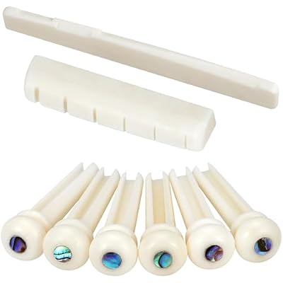 Blisstime 6 String Acoustic Guitar Bone Bridge Saddle and Nut and 6pcs Guitar Bone Bridge Pins Made of Real Bone