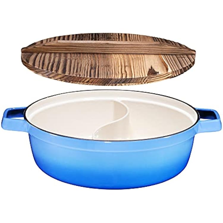 Bruntmor Enameled 2-In-1 Cast Iron Big Pot With Lightweight Wooden Lid. Non-Stick Round Emamel Ceramic Skillet Wok. Round Bottom Wok Pan With Lid For Shabu Shabu Hot Pot. 5 Quart, Caribbean Blue