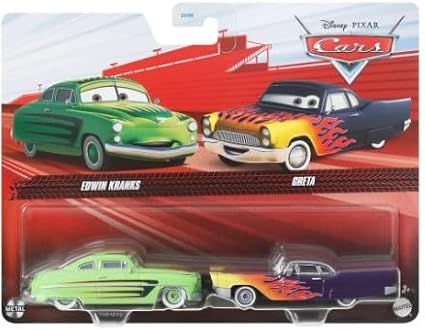Disney Cars Toys and Cars 3, Edwin Kranks and Greta 2-Pack, 1:55 Scale Die-Cast Fan Favorite Character Vehicles for Racing and Storytelling Fun, Gift for Kids Age 3 and Older Multi