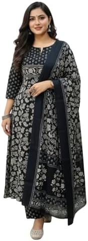 Womens Printed Kurti Set with Dupatta | Ethnic Indian Salwar Suit | 3/4 Sleeve Floral Kurta with Pants | Traditional Wear