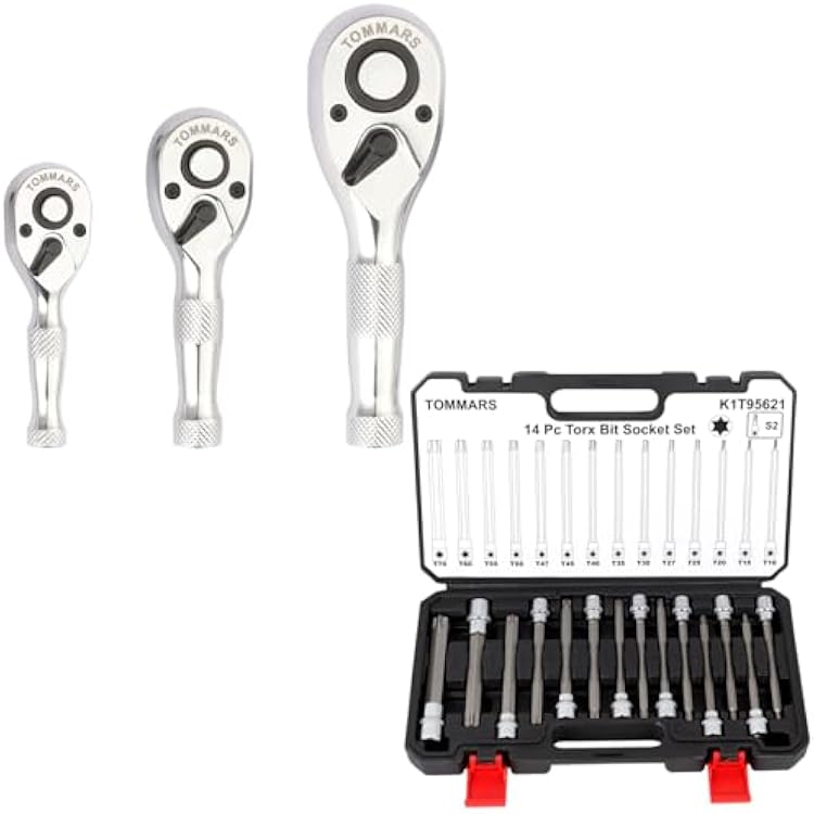 TOMMARS 14-PC Long Torx Bit Socket Set with Stubby Ratchet Set, 14, 38, 12 Drive