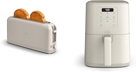 BELLA Slim 2 Slice Toaster + 4Qt Slim Air Fryer, Fits-anywhereTM Kitchenware, Small Air Fryer w 6 Preset Cooking Options and Slim Toaster w 6 Shades Control, Oatmilk