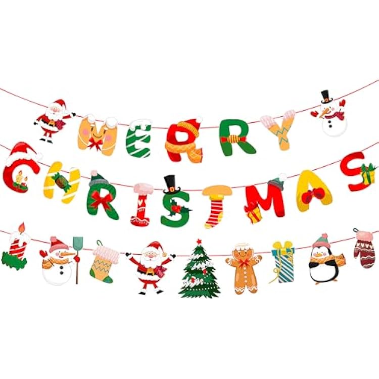 Lucleag 3PCS Merry Christmas Banner, Christmas Tree Santa Claus Snowman Banner Merry Christmas Flag for Christmas Party Decorations, Xmas Photo Props Backdrops for Christmas Party Supplies Gifts