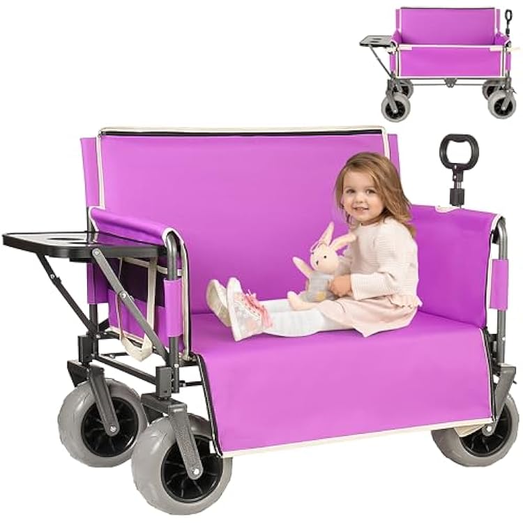 3-in-1 Folding Wagon with Bench Seat 500lbs Capacity,Reinforced Carbon Steel Frame, 180L Cargo Space Perfect for Camping, Beach, Outdoor Events & Heavy-Duty Hauling 12 Purple  Cup Holder