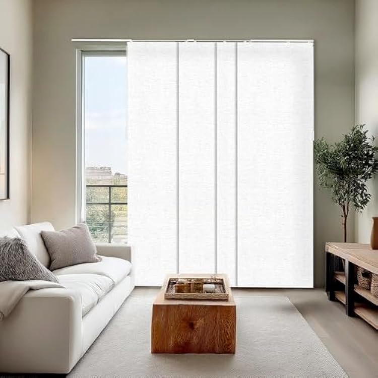 CHICOLOGY Panel Track Blinds for Sliding Glass Doors, 4 Panel Sliding Panels, Adjustable Track 46-86 W, Trimmable Height Up to 96 H, Light Filtering Privacy Room Divider, Chalk White