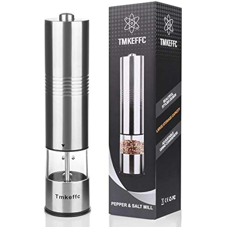 Battery Operated Salt Pepper Mill, Electric Spices Grinder Seasoning Flavouring Shaker For Solid Condiment, Stainless Steel, Adjustable Coarseness, Ceramic Rotors, LED Light, Clear Container