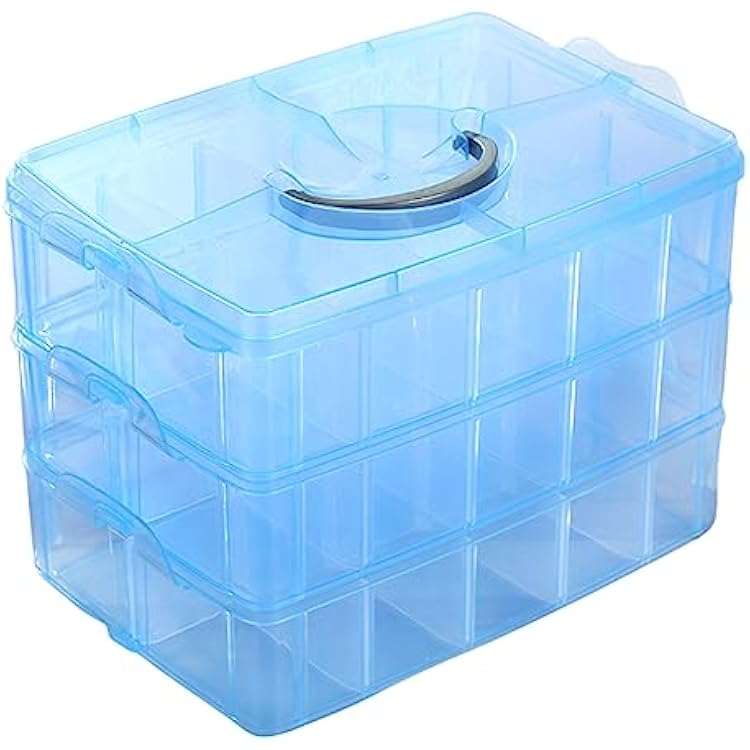 ZLY 3-Tier Demountable Plastic Jewelry Box Organizer Storage Container with Adjustable Dividers 30Large Grids Blue, XL-30 Grids