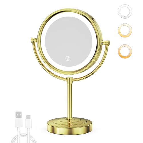 GURUN 8.5 Inch LED Lighted Tabletop Makeup Mirror with 10x Magnification Dimmable 3 Colors Touch Control 4500mAh Double Sided Gold Finish 2208D-T10x, Gold