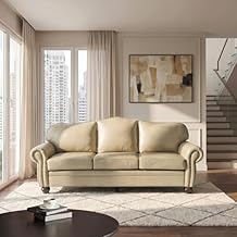 HULALA Home 81 Genuine Leather Sofa with Nailhead Trim and Rolled Armrests, Mid-Century Modern Living Room 3-Seater Couch, Brown Couch with Removable Cushion for Bedroom Apartment