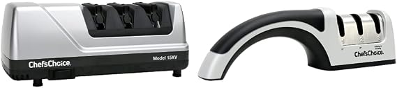 ChefsChoice 15 Trizor XV EdgeSelect Professional Electric Knife Sharpener for Straight and Serrated Knives & ProntoPro Diamond Hone Manual Knife Sharpener Extremely Fast Sharpening, 3-Stage, Silver