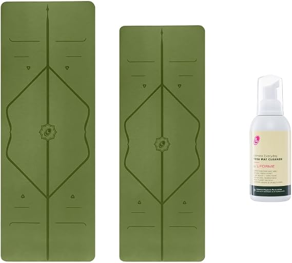 LIFORME Original Yoga Mat & Travel Mat & Ultimate Everyday Yoga Mat Cleaner - Bundle Pack -Patented Alignment System, Eco-Friendly, Non-Slip Warrior-Grip, Sweat Resistant, Comfortable - Olive/Olive