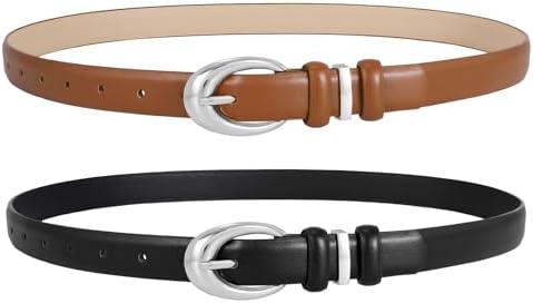 LEACOOLKEY 2 Pack Women Leather Belts for Jeans Dress Fashion Belt with Silver Buckle, Total 47, Suit waist size 36-40